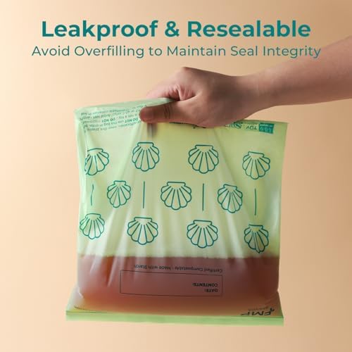 Fit Meal Prep 50 Pack 100% Compostable Food Storage Bags, 1 Gallon Freezer Bags, 10.6 x 11.5" Resealable Bag for Vegetables, Meat, Fruits, ASTM D6400, US BPI & EU OK Compost Certified - Image 3