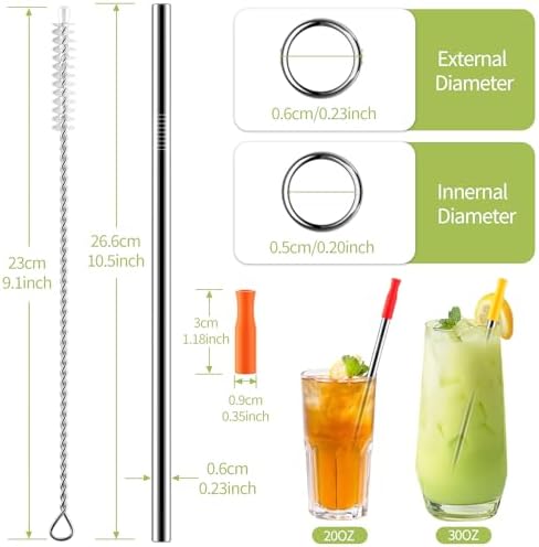 Stainless Steel Metal Straws with Silicone Tips Set of 10 Straight Reusable Drinking Straws for 20oz 30oz Tumblers (10.5'' L 0.24''Dia Staw + 2 Brushes) - Image 2