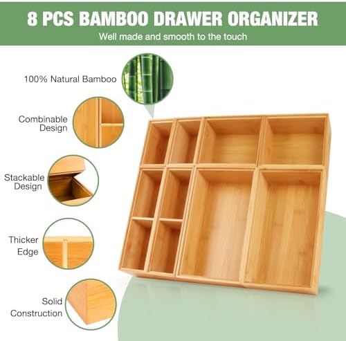 Bamboo Drawer Organizer Set, 8 PCS Multi-Use Wood Drawer Storage Boxes, Junk Drawer Organizer Divider Bins for Kitchen, Bathroom, Office Desk, Makeup, Jewelry, Utensils - Image 3