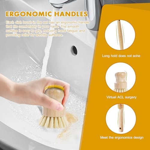 DEBETOOL 6-Piece Bamboo Dish Brush Set with Coconut Sponge - Image 3