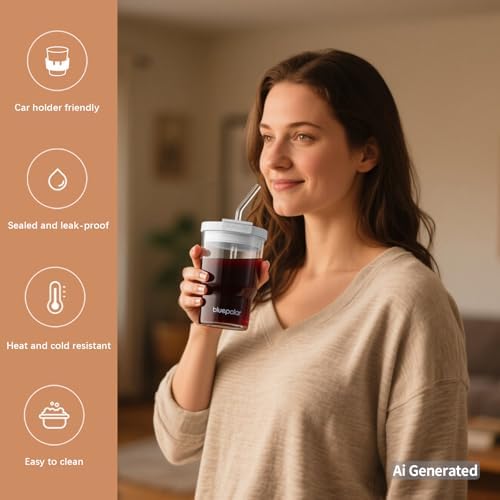 BLUEPOLAR Glass Cups with Lids and Straws,16oz/480ml Reusable Iced Coffee Glasses & Juice Bottles,Cold Brew Tumblers with Leakproof Lids,BPA-Free Glass Jars for Juicing,Matcha,Tea,Smoothie (Grey) - Image 6