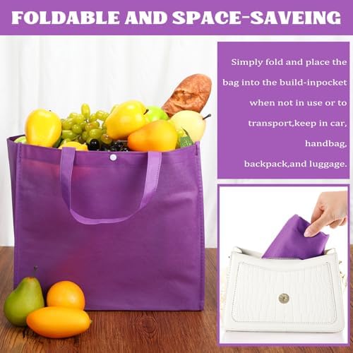 Zhehao 60 Pcs Reusable Grocery Shopping Bags Large Foldable Gift Tote Non Woven Fabric Bags with Handle and Plastic Button for Birthdays, Bridesmaids, Party Favors, 15 x 9.5 x 13 Inch (Purple) - Image 5