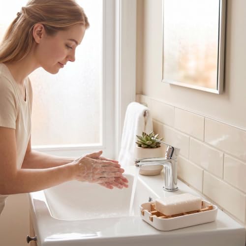 Bamboo Fiber Soap Holder and Soap Dish Combination, Removable Drainage Rack Bar Soap Tray for Bathroom Sink Deck, Bathtub, Shower & Kitchen (White, 1 Pack) - Image 2