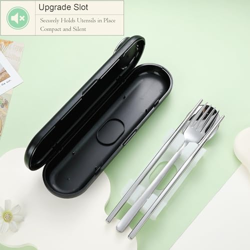DEVICO Travel Utensils with Case Cute, Reusable Silverware for Lunch, 4Pcs Portable Cutlery Set, 18/8 Stainless Steel Fork Spoon Chopsticks in Cartoon Case, Dishwasher Safe (Black) - Image 2