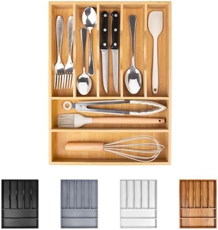 Bellsal Bamboo Silverware Drawer Organizer, Kitchen Utensil Drawer Organizers, 12"x15.7" Utensils Holder Cutlery Tray with Grooved Drawer Dividers for Kitchen Flatware Bedroom Office(7 Slot, Natural) by Bellsal