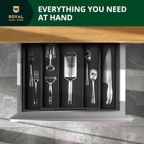 ROYAL CRAFT WOOD Luxury Bamboo Kitchen Drawer Organizer - Silverware Organizer - Utensil Holder and Cutlery Tray with Grooved Drawer Dividers for Flatware and Kitchen Utensils (5 Slot, Black) - Image 3