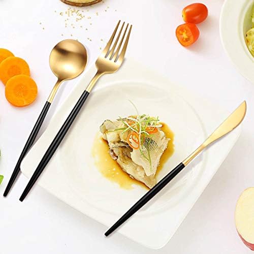 AARAINBOW 8 Pieces Stainless Steel Flatware Set Portable Reusable Cutlery Set Travel Utensils Set Including Chopsticks Knife Fork Spoon Straws Cleaning Brush Dishwasher Safe (Black Golden) - Image 3