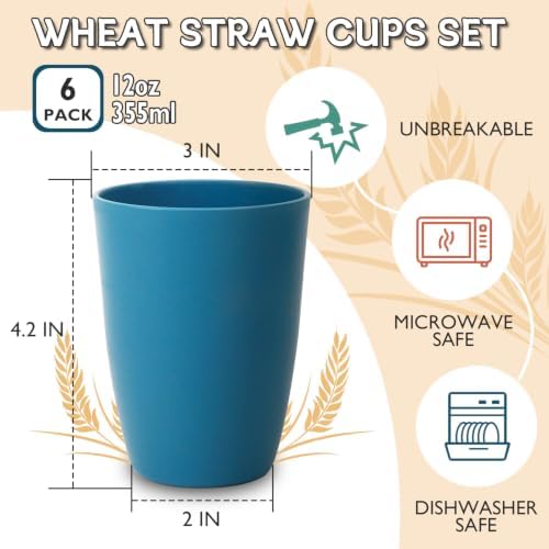 Wrova Wheat Straw Cups 6 PCS Good Alternative to Plastic Reusable Cups 12 oz Unbreakable Drinking Cup Reusable Dishwasher Safe Water Plastic Glasses Navy Blue - Image 2