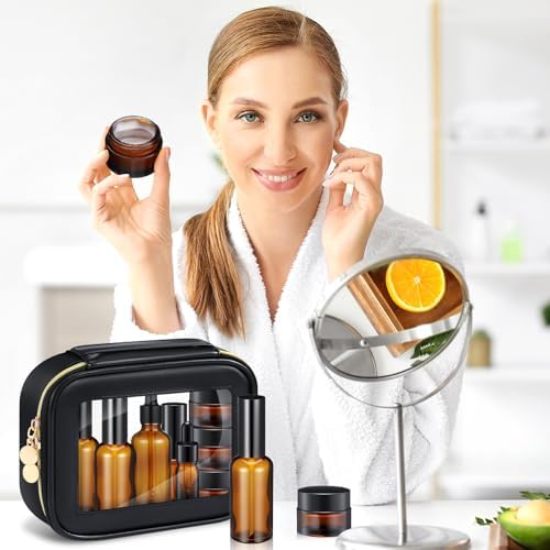 Jingmore 13 Pcs Glass Skincare Travel Containers Mini Makeup Containers Travel Size Toiletries Bottles with Pump Spray and PU Leather Toiletry Bag for Liquid Serum Cream Moisturizers Oils(Brown) - Image 5