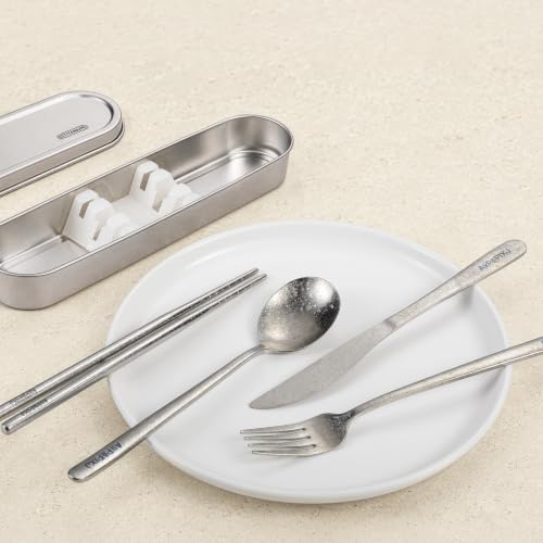 100% Pure Titanium Cutlery Set, Snowflake Pattern Titanium Tableware with 304 Stainless Steel Case & Silicone Holder, Ultralight Portable Utensils with Bonus Carry Bag for Camping - Image 4