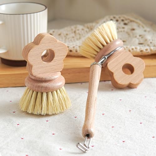 Kitchen Natural Beechwood Dish Brush with Handle Sisal Bristle Fruit Vegetable Scrubber Small Wooden Brush Designed for Cleaning Pot, Pan, Plate, Bowl and Utensil (Handle, Flower Shaped) - Image 5