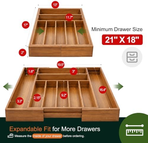 Large Premium Acacia Silverware Organizer - Expandable Drawer Organizer & Utensil Organizer - 17"x19.7" Cutlery Tray with Dividers for Kitchen Utensils and Flatware (7-9 Slots) Acacia - Image 2