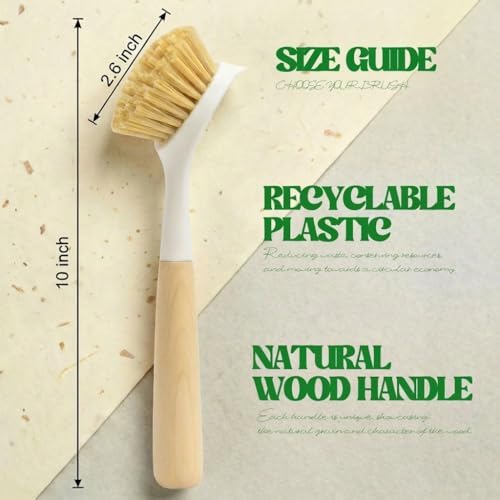 Dish Brush with Handle Wood Built-in Scraper, Scrub Brush for Pans, Pots, Saucepan, Kitchen Brushes for Sink and Stove, Yellow - Image 5
