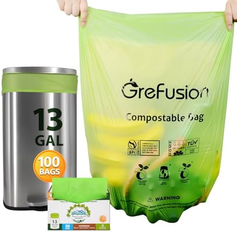 Compostable Bags,Trash bags 13+ gallon tall kitchen, Compostable Trash Lawn & Leaf Yard Waste Bags,Kitchen Compost Trash Bin Compatible,Extra Thick1.01 Mills,Certified by BPI and OK Compost by GreFusion