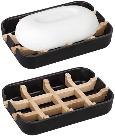 Aoheuo Modern Bamboo Fiber soap Holder and soap Dish Combination (Removable),5.12 Long by 3 Wide, 0.98 inches high, Used in Kitchens, bathrooms, and bar Sinks (Black(2 Pack)) by Aoheuo