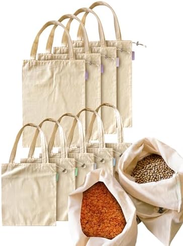 purifyou Set of 9 Mini Tote Bags with Drawstring, Reusable Organic Cotton Canvas Bags for Grocery Shopping, Dry Goods, Beach Essentials, Storage, and Travel, Washable (Large, XL) by purifyou