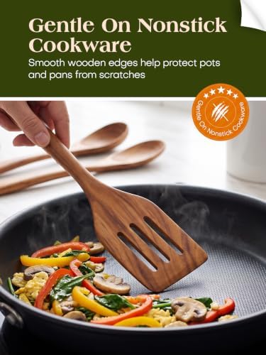 AIUHI Nonstick Wooden Utensil Set for Cooking, Handmade Smooth Finish Teak Wood Spoons Spatula Turner for Cooking and Kitchen Gifts (7Pcs) - Image 5