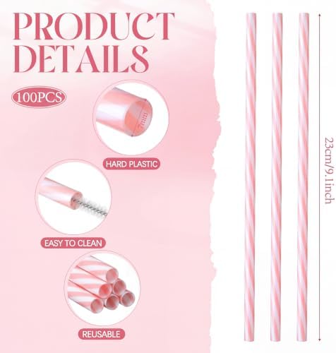 Honeydak 100 Pcs Reusable Plastic Straws Bulk,Pink and White Stripe - Image 2