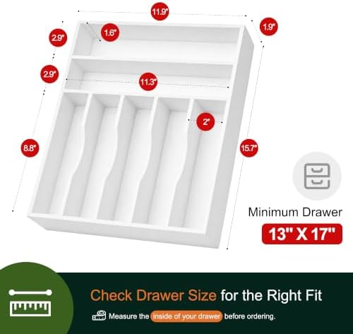 Kitchen Bamboo Silverware Organizer, Kitchen Drawer Organizer - Utensil Holder and Cutlery Tray with Grooved Drawer Dividers for Flatware 7 Slot, White - Image 2