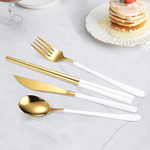 AARAINBOW 6 Pieces 18/8 Stainless Steel Flatware Set Portable Reusable Cutlery Set Travel Utensils Set Including Chopsticks Knife Fork Spoon Straws Cleaning Brush Dishwasher Safe (White golden) - Image 5