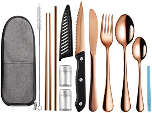 Logcow Travel Utensils Set with Case, 10-Piece Reusable Stainless Steel Camping Cutlery, Portable Fork Spoon Knife Chopsticks & Straw for Work, Lunch, Picnic (Rose Gold) by Logcow