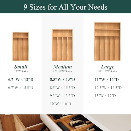 Small Silverware Organizer, Bamboo Kitchen Drawer Organizer, Utensil Holder, Cutlery Tray & Spoon Flatware Storage with Grooved Drawer Dividers (6.7''W x 12''D) - Image 3