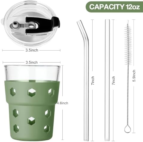Mrsdry 12oz Iced Coffee Cup with Lids and Straws, BPA Free Reusable Glass Coffee Cups with Silicone Sleeves for Coffee, Iced tea, Thick Wall Glass Cup - Image 2