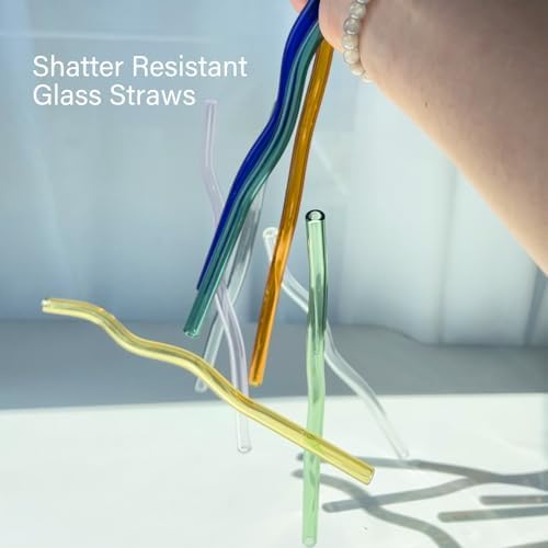 YUTRENN Reusable Glass Straws Sets of 8 Wavy Colorful Drinking Straw with 2 Cleaning Brushes, 8 inches 0.3" Thick Clear Straws High Borosilicate Glass Straw for Tumblers 10 Pack Gift Wrap - Image 3