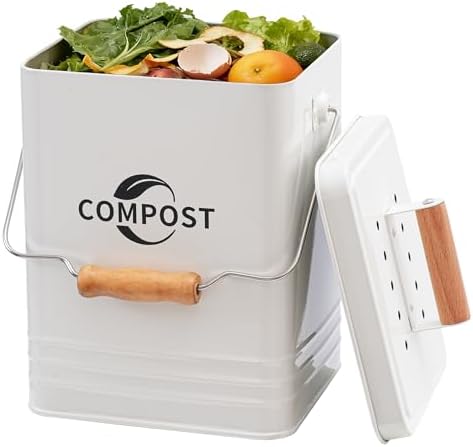 Kitchen Compost Bin, 1.7 Gallon Countertop Compost Bin with Lid and Charcoal Filter, Kitchen Composter for Food Waste, Rust Proof Indoor Bucket, White by CANDCO