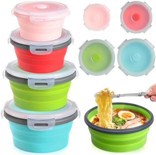 Suclain 4 Pcs Collapsible Bowls with Lids Silicone Camping Food Storage Container Expandable Folding Salad Lunch Box Travel Container for Hiking Camping by Suclain