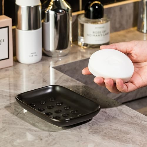 Miamolo Soap Dish, Ceramic Soap Holder Shower Soap Dish for Bar Soap Sponge, Soap Saver Tray for Bathroom Kitchen Sink, Black - Image 2