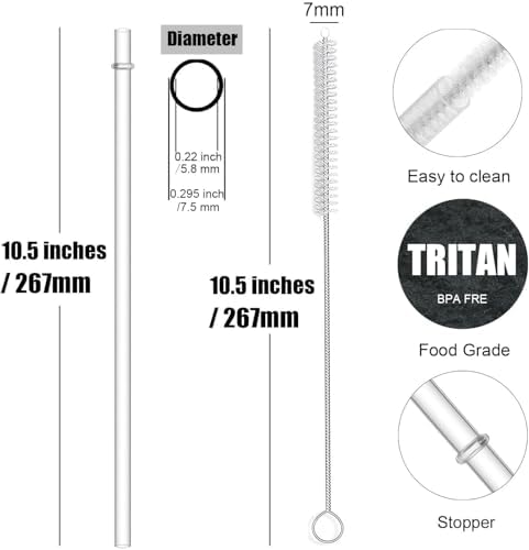 ALINK 10.5 inch Tritan Hard Plastic Clear Straws, Long Reusable Clear Replacement Tumbler Drinking Straws for 16 oz 20 oz 30 oz Stanley, YETI, Starbucks, Mason Jars, Set of 10 with Brush - Image 2