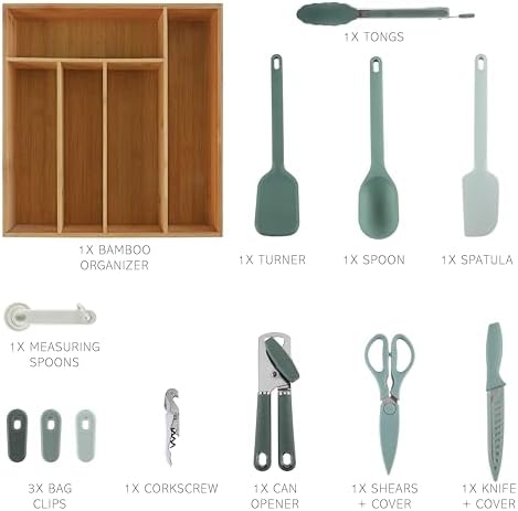COOK WITH COLOR Bamboo Kitchen Utensil Set with Drawer Organizer | Cooking Tools and Storage Caddy, Sage, 18 Piece Gadget Set - Image 2