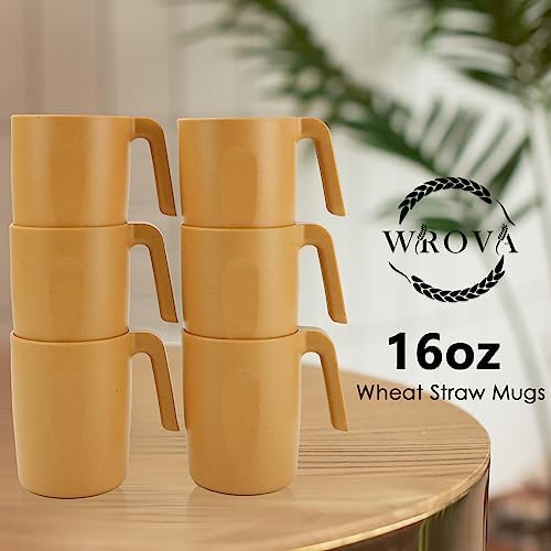 Wrova 16oz Wheat Straw Cups with handles set of 6-Plastic Cups Reusable-Unbreakable Kids Mugs-Dishwasher Safe & Microwave Safe-Ideal Mugs for Tea,Coffee,Camping,RV-Banana Yellow - Image 5