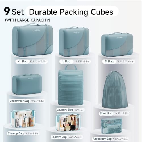 OlarHike Packing Cubes for Travel,Gifts for Women Mom,Anti-Tearing Suitcase Organizer for Luggage with Shoe & Hanging Toiletry Bag,Vacation Essentials & Accessories for Cruise Ship,9 Set,Blue Gray - Image 2