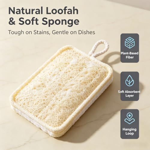 Dual Layer Dish Scrubber Sponge, Natural Loofah & Wood Pulp Cotton Kitchen Cleaning Pad with Hanging Rope, Non-Scratch Biodegradable Scrub Pad for Pots Pans Dishes - Image 2