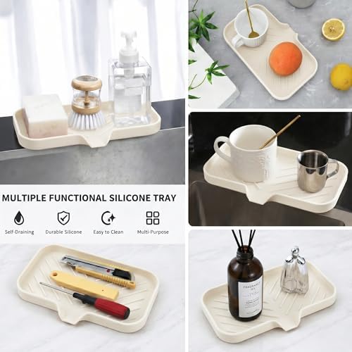 MicoYang Silicone Soap Dish with Drain Spout — Self-Draining Sink Organizer Tray for Bathroom & Kitchen, Sponges, Dispensers & Soap Holder, Non-Slip & Dishwasher Safe, Tapioca (Medium, 9.6"×5.3") - Image 5