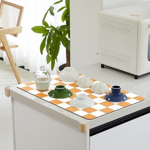 Ohocut Checkered Dish Drying Mat for Kitchen Counter, Coffee Bar Station Accessories, Retro Cute Fall Aesthetic Modern Absorbent Drainer Mat Kitchen Drying Mat Easy Clean, Orange 12" x 19" - Image 3