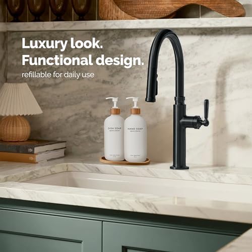 Vine Creations White Glass Soap Dispenser Set, Hand Soap and Dish Soap Dispenser Set with Bamboo Tray, 16 oz Glass Dispensers Bottle for Kitchen and Bathroom Decor Modern Boho with Bamboo Pump (White) - Image 3