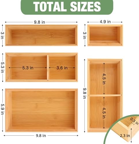 Bamboo Drawer Organizer,5 PCS Silverware Organizer & Kitchen Organizers and Storage,Utensil Drawer Organizer With Removable Dividers for Kitchen,Utensils,Bathroom,Office,Makeup(Natural) - Image 2