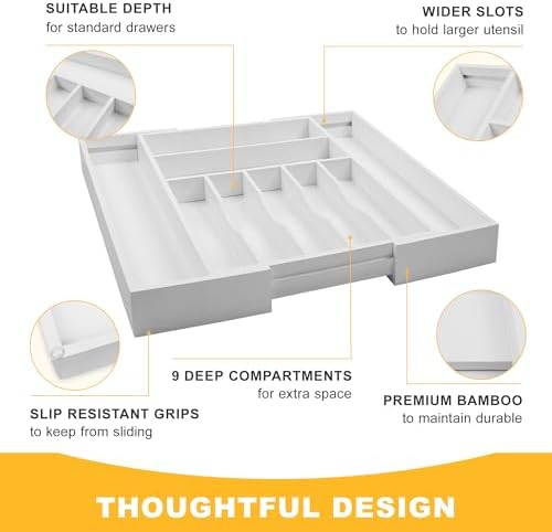 Large Premium Bamboo Silverware Organizer - Expandable Drawer Organizer & Utensil Organizer - 17"x19.7" Cutlery Tray with Dividers for Kitchen Utensils and Flatware (7-9 Slots) (White) - Image 6