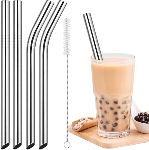 NiHome 4-Pack Stainless Steel Straws for Boba, Smoothie, 10.4” Metal Straws by NiHome