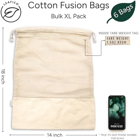 LEAFICO Reusable Produce Bags – 100% Cotton Mesh & Solid Hybrid (XL 14x18 inch 6 Pcs) – Extra Large Bags for Potatoes, Laundry, Toys, Bulk Storage – Washable, Plastic-Free, Breathable, Zero Waste - Image 2