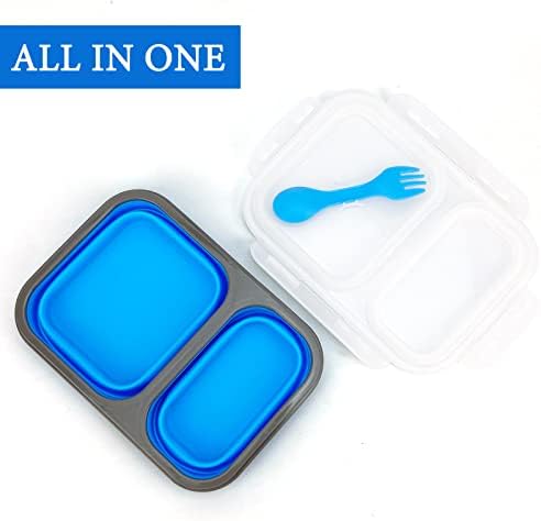 2 Compartments Collapsible Airtight Bento Box with Ideal Portion 600ml & 450ml and 2 in 1 Spoon & Fork, Food Grade Silicone Lunch Container for Adults Work Travel, Microwave Safe - Image 3