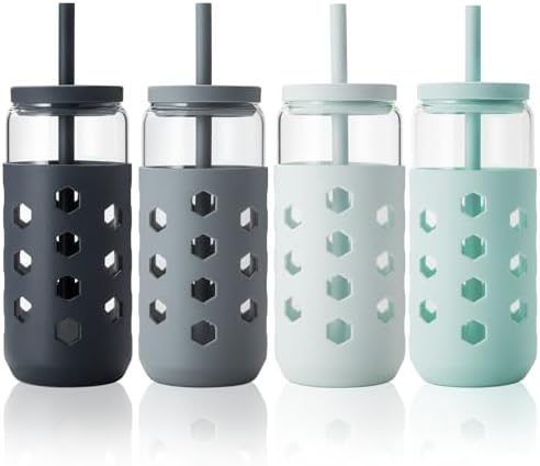 Mrsdry 20 oz Glass Cups with Lids and Straws for Gift, 4-Pack, Grey by Mrsdry