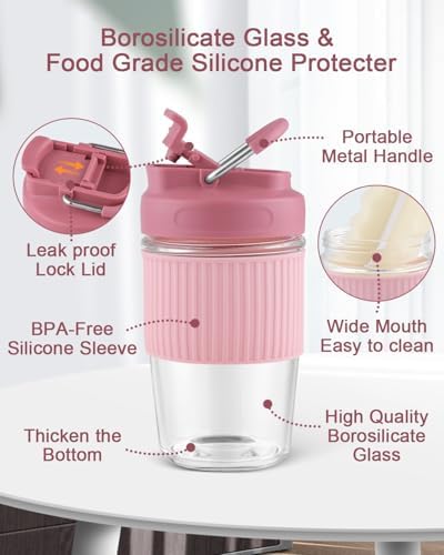 Sivaphe Reusable Glass Ice Hot Coffee Cup 16 oz, Portable Travel Mug with Spill-Proof Lid and Thermal Sleeve for Home Office Pink - Image 6