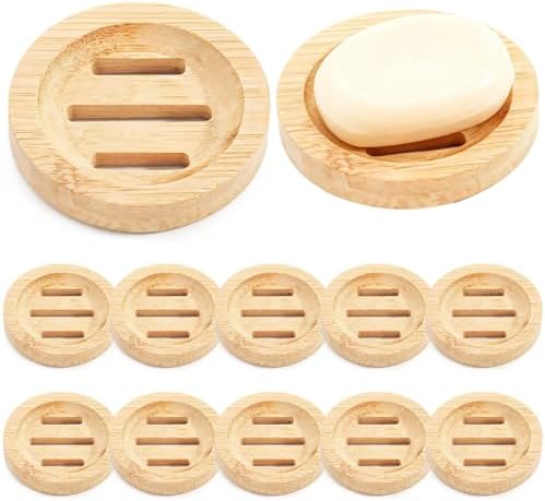 12 Pcs Round Wooden Soap Dishes, Wooden Soap Holders with Ventilation Holes, Soap Trays for Bars, Natural Color, Ideal for Bathroom and Kitchen Use by Varku