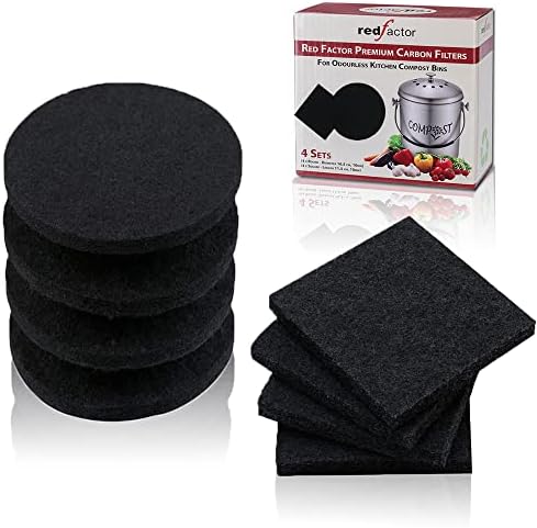 RED FACTOR 8 Pack Extra Thick Charcoal Filters for Kitchen Compost Bins - Activated Carbon Replacement Filters for Odor Free Buckets (4 Round, 4 Square) by REDFACTOR