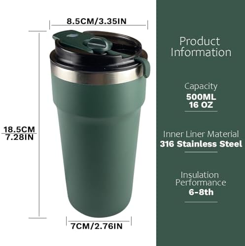 SPLMIFA Travel Coffee Mugs Leak-Proof, Reusable Coffee Cups with Lids, Stainless Steel Vacuum Insulated Coffee Tumblers, Thermal Insulation Cups for Men and Women Hot & Cold Drinks(4th-Green, 16OZ) - Image 4