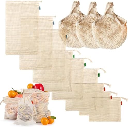 Set of 12 Reusable Organic Cotton Produce Bags, Mesh Grocery Cotton String Bag Net Shopping Mesh Bags – total 12 PCS(3pcs for each size) (12) by Unknown